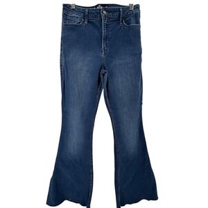 Hollister High Rise Flare Jeans Womens 11R Dark Wash Raw Hem Stretch 30/31